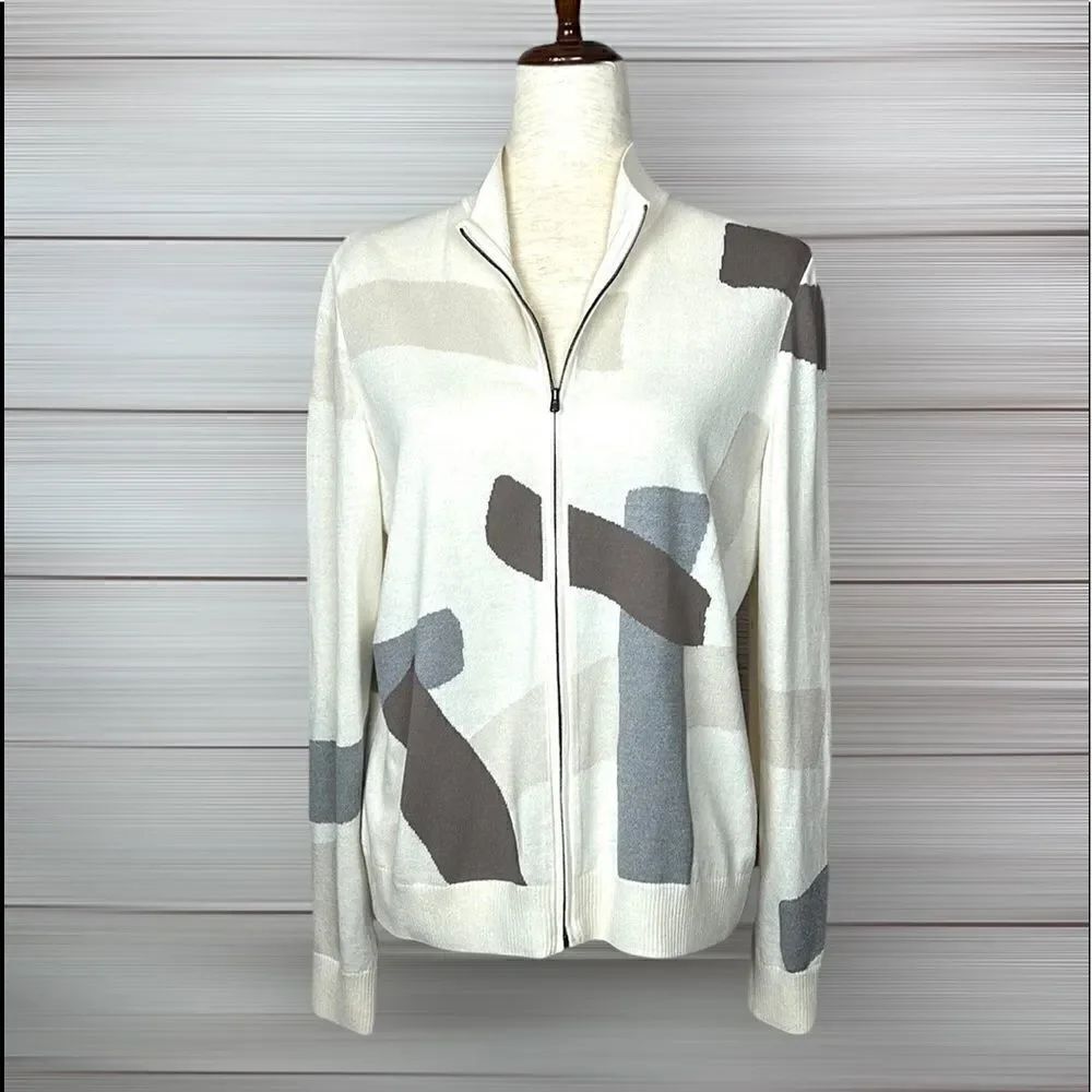 NWT ST. JOHN Lightweight Cardigan Sweater Wool Blend Full Zip Geometric Print M